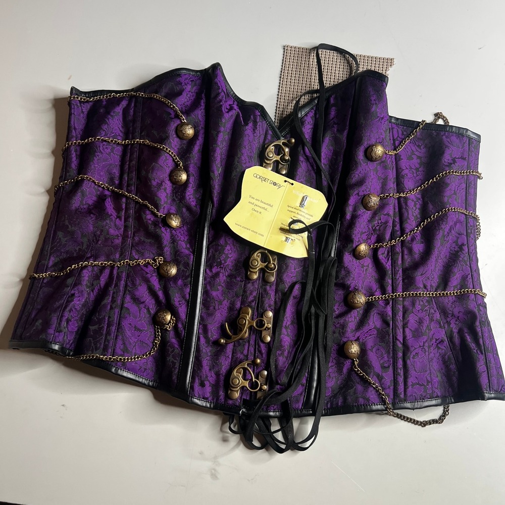 Corset Story Purple Black Brocade Steampunk Steel Boned Overbust Corset Size 46